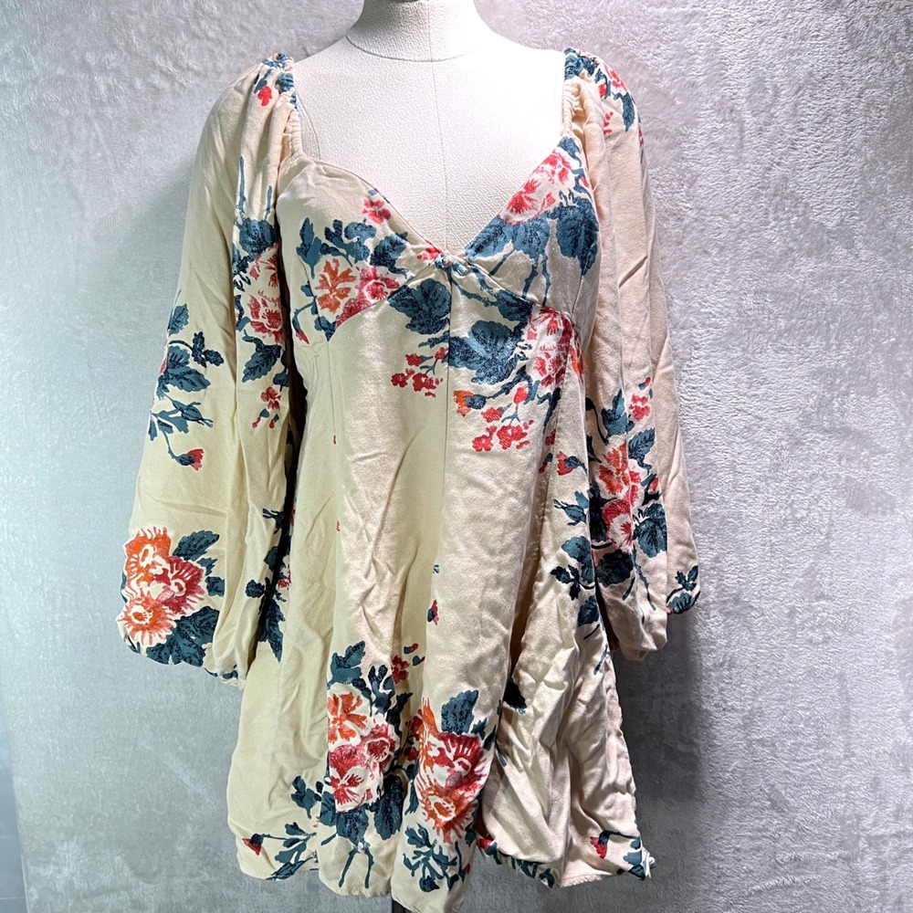 Free People Floral Print Puff Sleeve Mini Dress Beige Blue Pink Size XL‎ - Picture 4 of 12